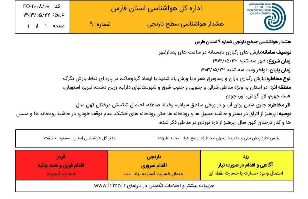 هشدار سطح نارنجی هواشناسی استان فارس